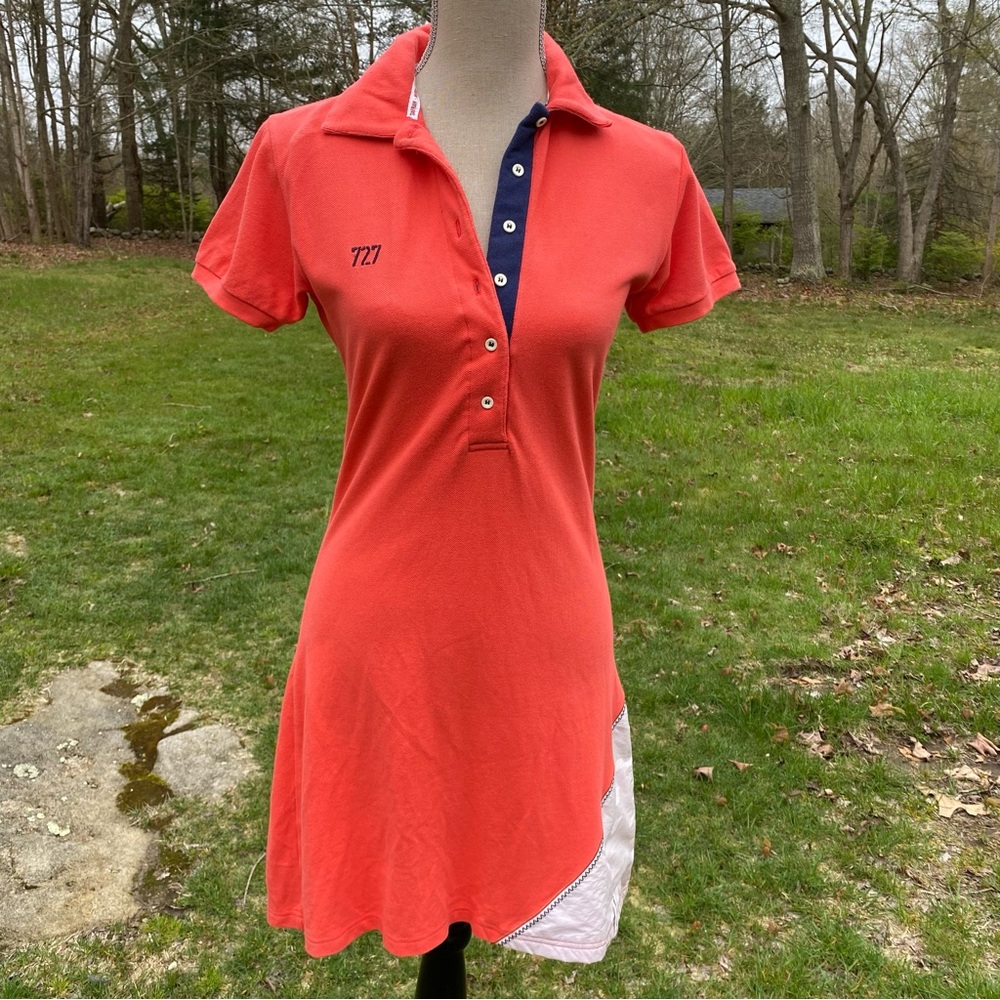 727 SAILBAGS FRANCE DRESS MINI ORANGE WHITE BLUE POLO COLLAR SHORT SLEEVE SIZE M